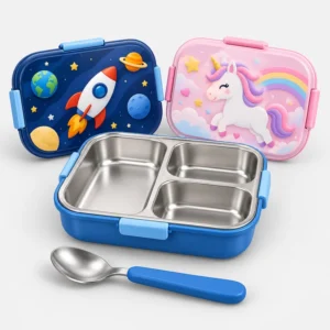 3-Compartment Kids Stainless Steel Lunch Box with Spoon - Space & Unicorn Themes (illustration)